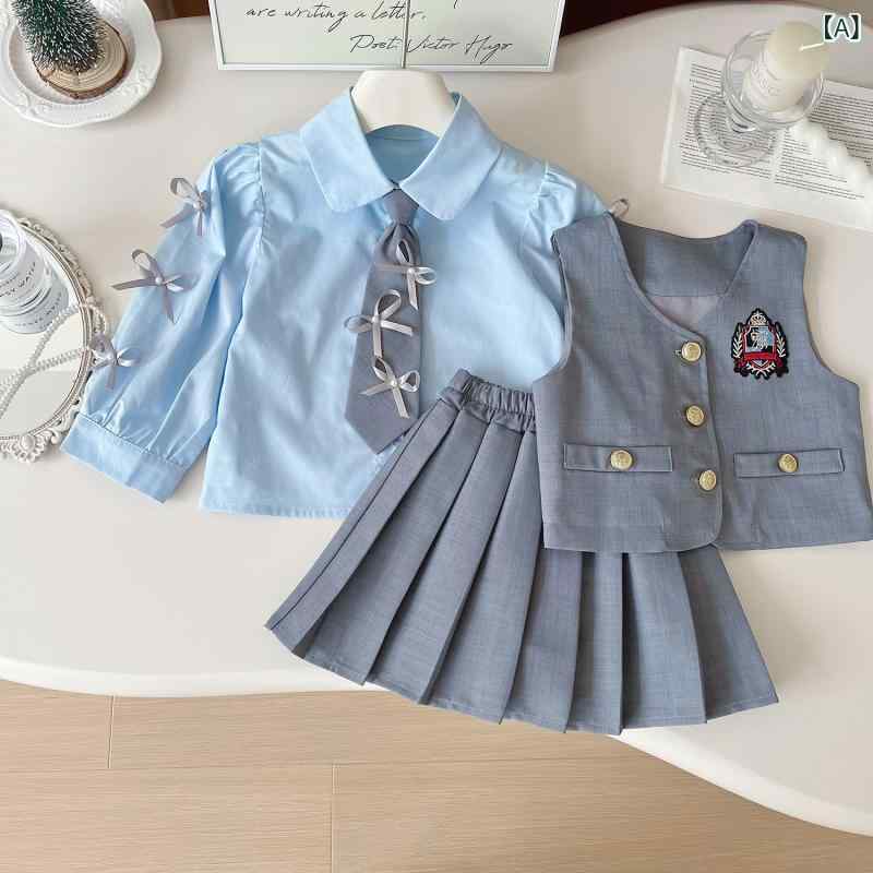 シャツ セットアップ キッズ 女の子 学院風 スクール風 長袖 ベスト ジレ プリーツスカート リボン ソ..