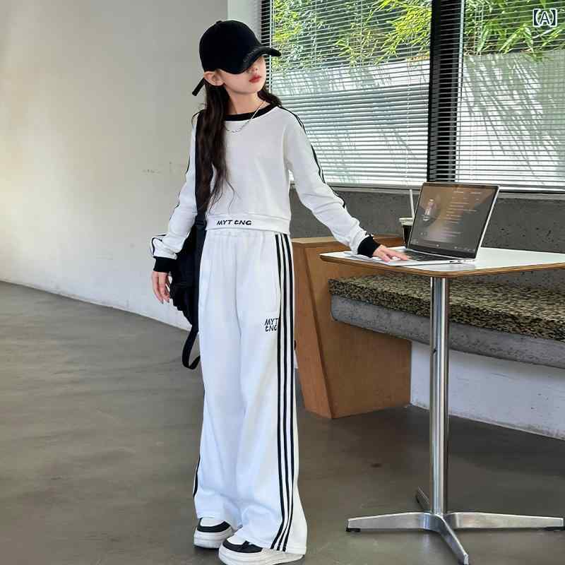 セットアップ キッズ 女の子 ジュニア ガールズ 春秋 スポーツウェア おしゃれ かわいい 普段使い カジュアル 韓国ファッション 長袖 ロングパンツ 綿混 アセテート 柔らかい ストライプ 無地 ロゴ 2点セット