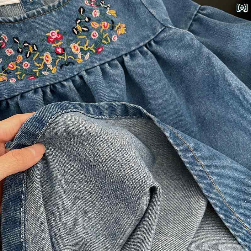 ワンピース キッズ 女の子 韓国風 プリンセスライン 刺繍 デニム生地 綿混 再生繊維混 長袖 ロングスリ..