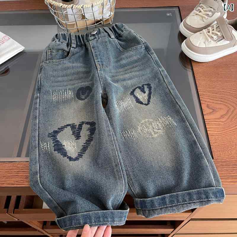 デニムパンツ 女の子 キッズ ガールズ 春秋 韓国風 カジュアル ストレートシルエット ワイドシルエット..