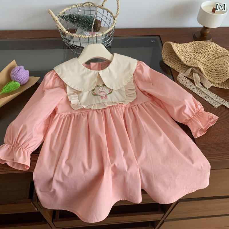 ワンピース ドレス 女の子 キッズ 子供 ガールズ 春夏 秋 パフスリーブ 襟付き 刺繍 綿 コットン やわらか素材 ピンク プリンセスライン おしゃれ かわいい 韓国風 普段使い カジュアル
