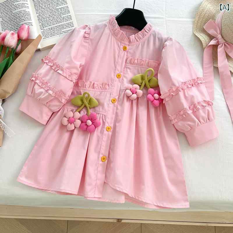 シャツワンピース 女の子 キッズ 春秋 長袖 アシンメトリー デニム プリンセスデザイン 花柄 コットン100% 柔らか素材 おしゃれ かわいい 普段使い ロング丈 ピンク