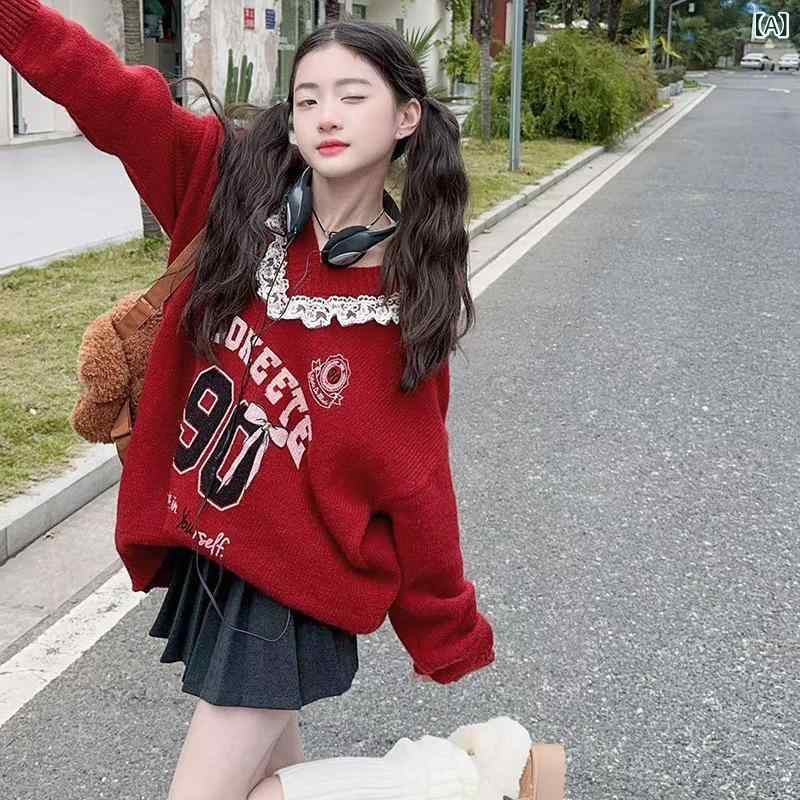 ニット 女の子 キッズ ガールズ 秋冬 Vネック レース フリル 長袖 レトロ ヴィンテージ ゆったり ルーズ オーバーサイズ カジュアル トレンドファッション プルオーバー トップス