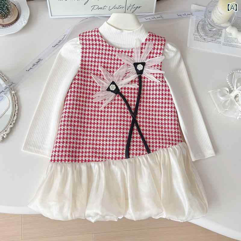 ワンピース ジャンパースカート 女の子 ベビー キッズ 子供服 韓国ファッション 長袖インナー セットアップ チェック柄 花柄 かわいい おしゃれ 春秋 カジュアル ポリエステル素材 レッド系