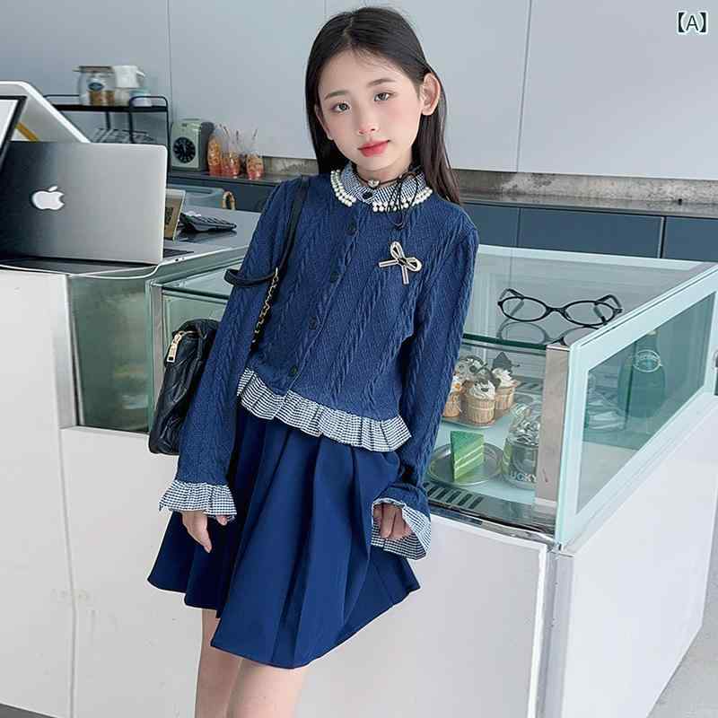 ジュニア 女の子 スカートセットアップ 春秋 2点セット ニットジャケット スクール風 プレッピー おし..