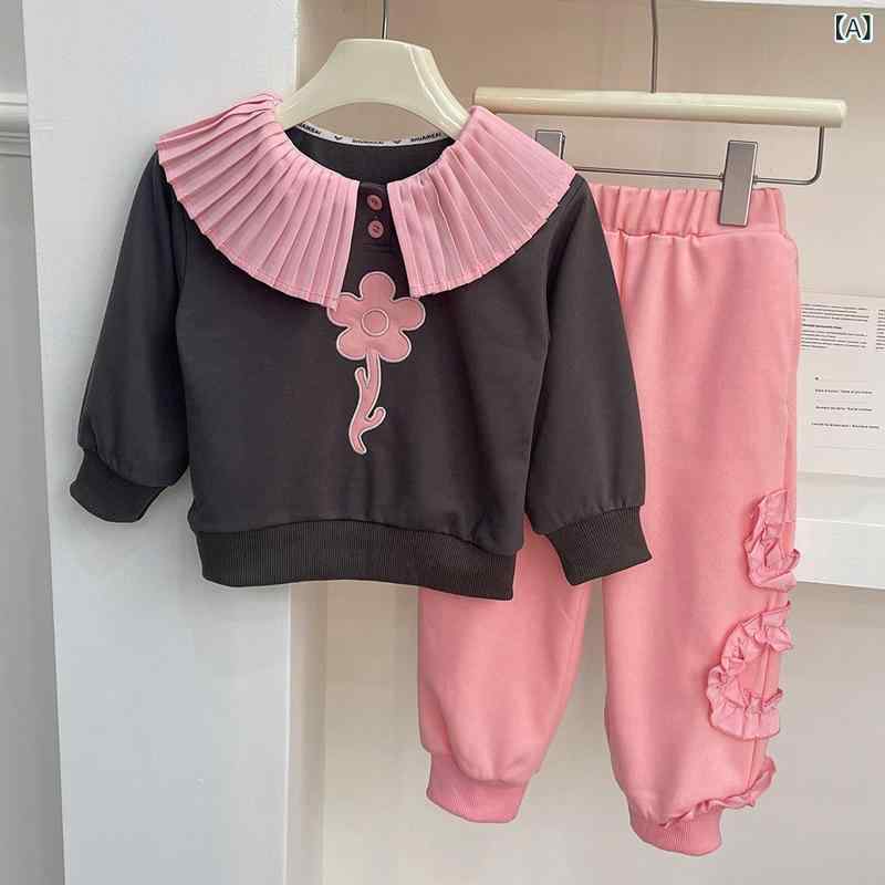 キッズ 女の子 春 セットアップ 韓国風 おしゃれ 襟付き 花柄 刺繍 スポーツ スウェット トレーナー パ..