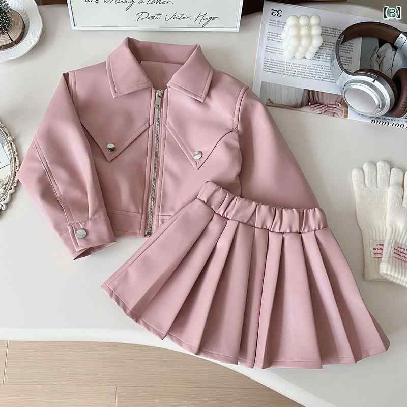 キッズ 女の子 秋服 長袖 PUレザー ライダースジャケット プリーツスカート 2点セット セットアップ 韓国風 おしゃれ かわいい ジップアップ アウター お出かけ ブラック ピンク