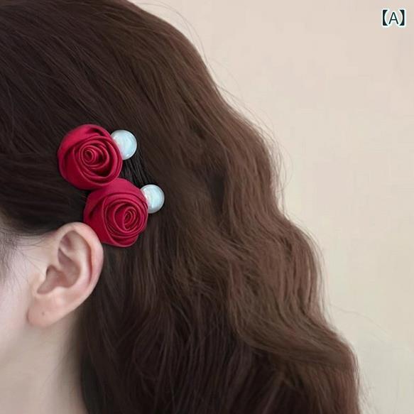 ヘアクリップ レディース ヘアアクセサリー バラ 薔薇 パール リボン 髪留め 髪飾り 前髪クリップ 横髪 サイドクリップ 上品 エレガント レトロ かわいい 発表会 パーティー