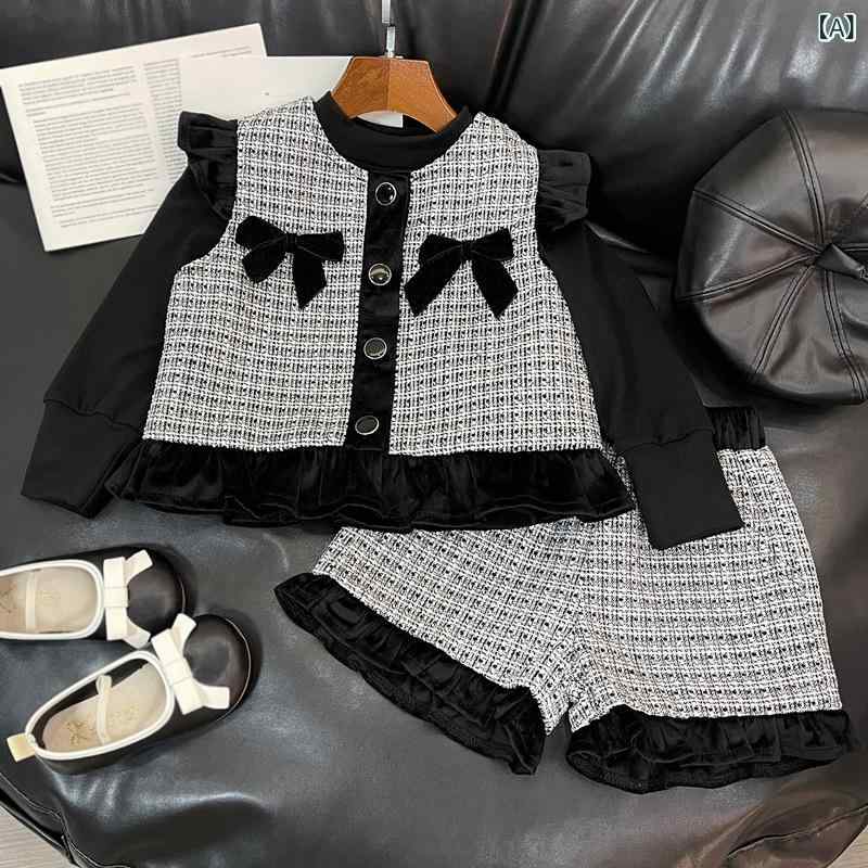 ・カテゴリ: キッズセットアップ・性別: 女の子・スタイル: 上品カジュアル・セットの種類: パンツセット・セット内容: 3点セット・対象年齢: 3〜8歳向け・推奨身長: 100〜140cm・袖丈: 長袖・パンツ丈: ショートパンツ・生地加...