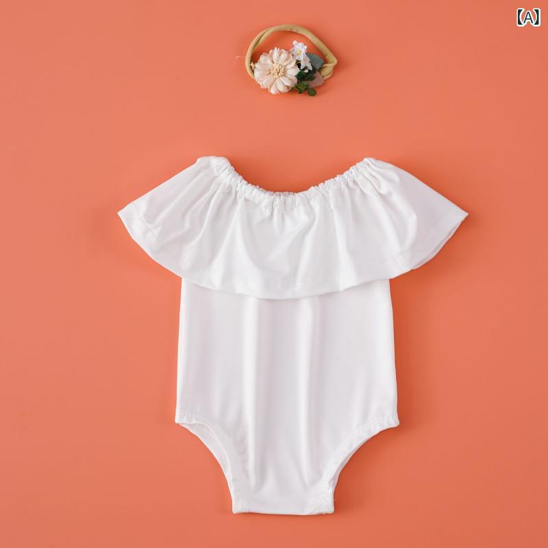 Overalls - ベビー ロンパース 新生児 女の子 撮影 衣装 記念写真 レース シフォン 花 ヘアバンド 2点セット ソフトな肌触り 欧米風 出産祝い