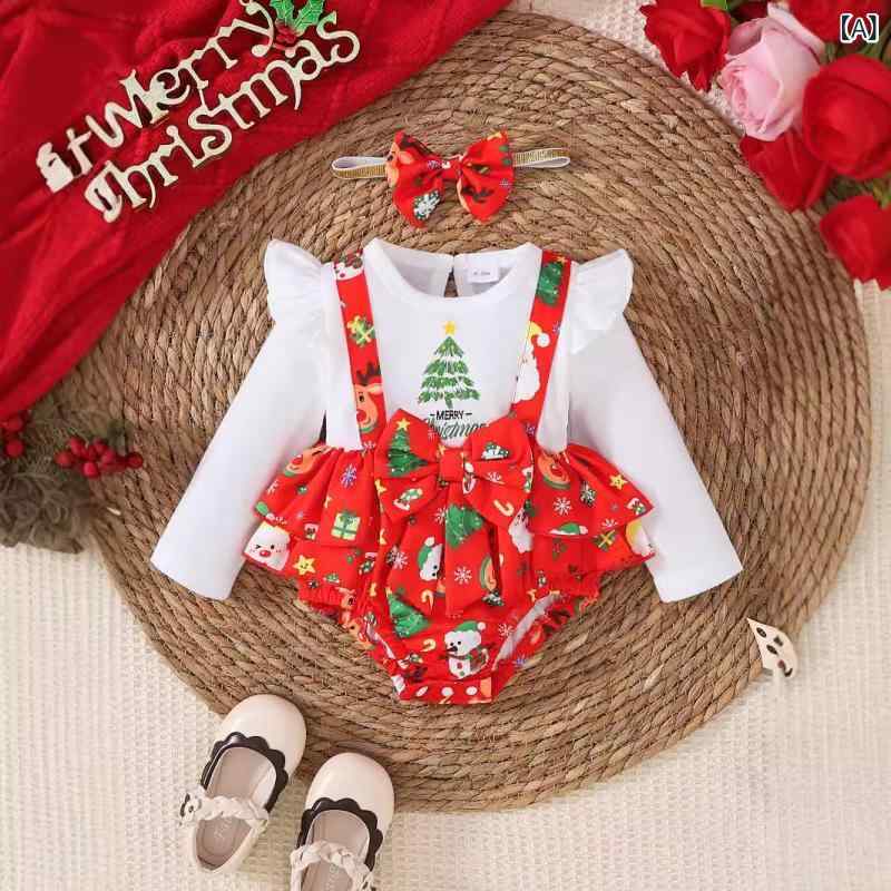 ロンパース ベビー 女の子用 新生児 秋冬 かわいい クリスマス プリント クリスマスツリー柄 スカート ..