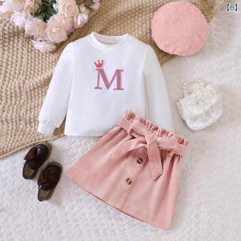 キッズ 女の子 カジュアル 秋冬 トレーナー ミニスカート セットアップ 上下セット 英字ワッペン 刺繍 ポリエステル スウェット 普段使い 部屋着 白 ブラウン ピンク 3歳 8歳 100cm 140cm