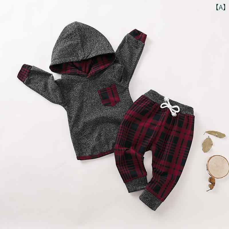 ・カテゴリ: 子供服セット・性別: 男の子・スタイル: 欧米風・セット内容: パンツセット・セット点数: 2点セット・対象年齢: 1〜3歳 (80〜100cm)・袖丈: 長袖・フード: 付き・パンツ丈: ロング・生地加工: 難燃加工、柔軟加工・厚さ: 厚手・柄: チェック、無地・主な素材: 綿95%・安全基準: A類・開閉タイプ: プルオーバー・カラー: スモークグレー