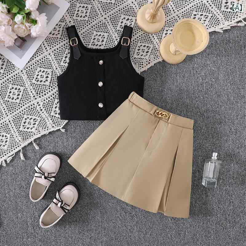 セットアップ キッズ 女の子 春夏 ニット キャミソール プリーツスカート 上下セット 無地 ポリエステ..