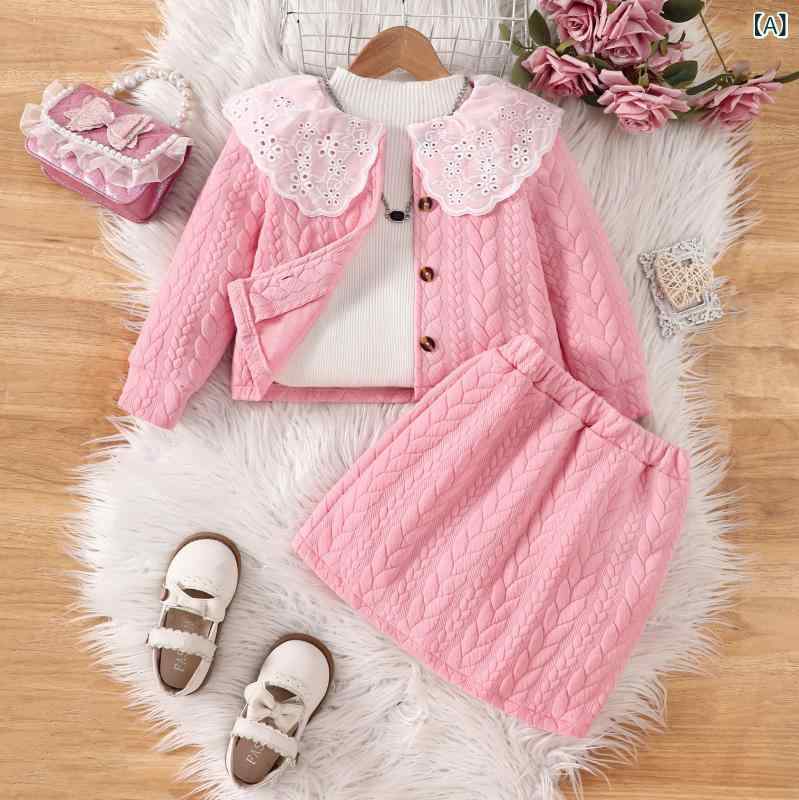 セットアップ キッズ 女の子 ガールズ 秋冬 フリル襟 長袖ジャケット ショート丈スカート 上下セット アンサンブル かわいい カジュアル ポリエステル ピンク お出かけ 普段使い