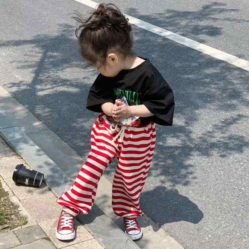 セットアップ キッズ 女の子 韓国風 半袖Tシャツ ブラック キャラクタープリント ストライプ レッド スウェットパンツ 上下セット 綿素材 柔らかい 普段着 カジュアル 春夏