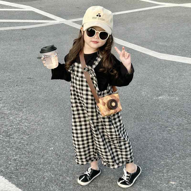 サロペット 女の子 キッズ チェック柄 オーバーオール ワイドパンツ 韓国風ファッション 綿 コットン 柔らかな肌触り 春秋 普段使い カジュアル