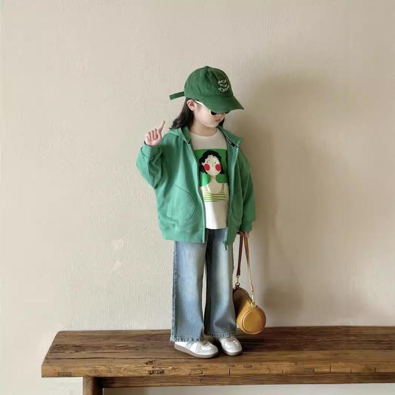 アウター キッズ 女の子 韓国ファッション おしゃれ フード付き ジップアップ パーカー ニットジャケット ショート丈 綿 コットン 長袖 秋冬 カジュアル グリーン