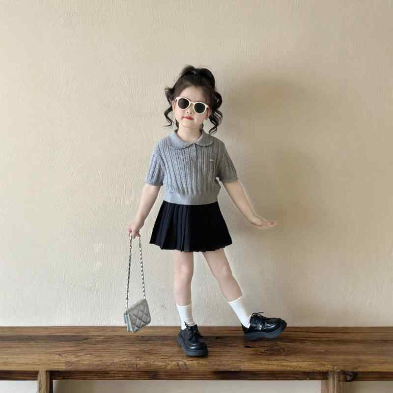 ニット キッズ 女の子 ベビー ガールズ ジュニア ジャガード ポロ襟 半袖 コットン グレー サマーニッ..