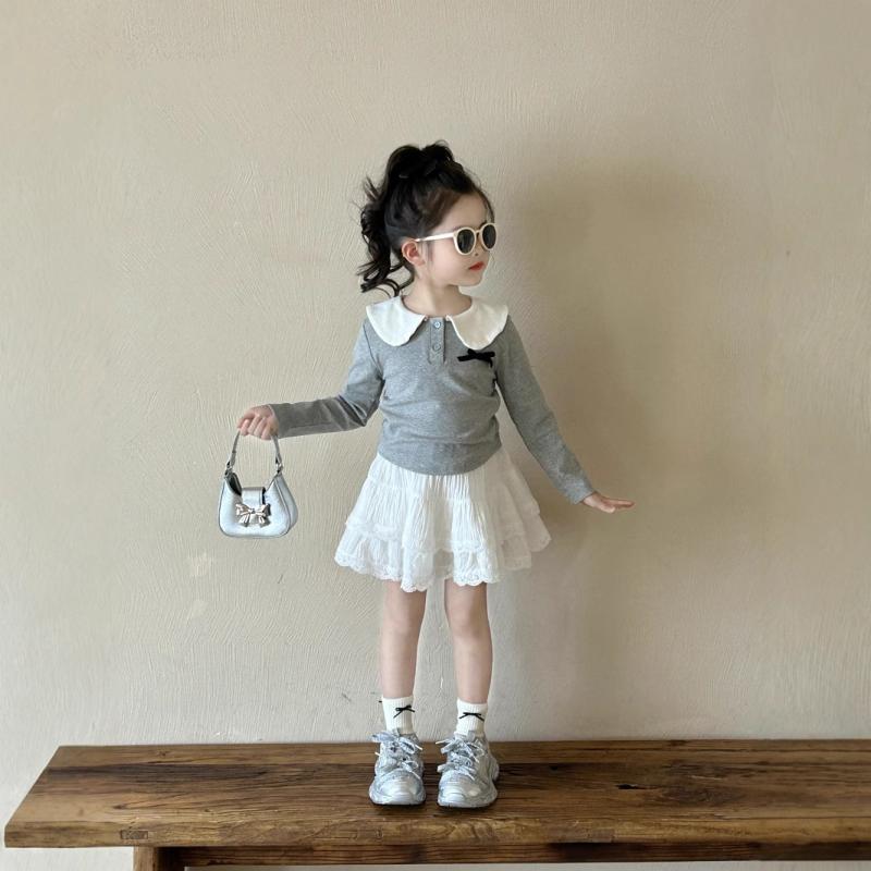 Dresses - カットソー キッズ 女の子 韓国風 甘辛ミックス ドールカラー 長袖 ショート丈 春秋 綿 コットン 柔らかい レース リボン 普段使い カジュアル 通園 通学 おしゃれ トレンド インナー
