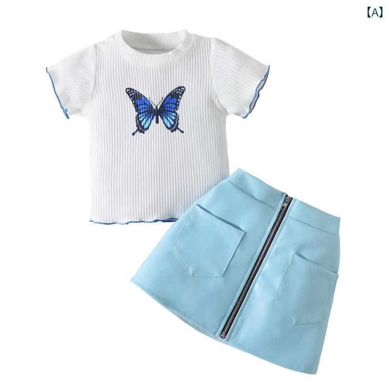 セットアップ キッズ 女の子 スカート 夏物 薄手 ニット リブ プリント 半袖 Tシャツ PUスカート 綿 柔..