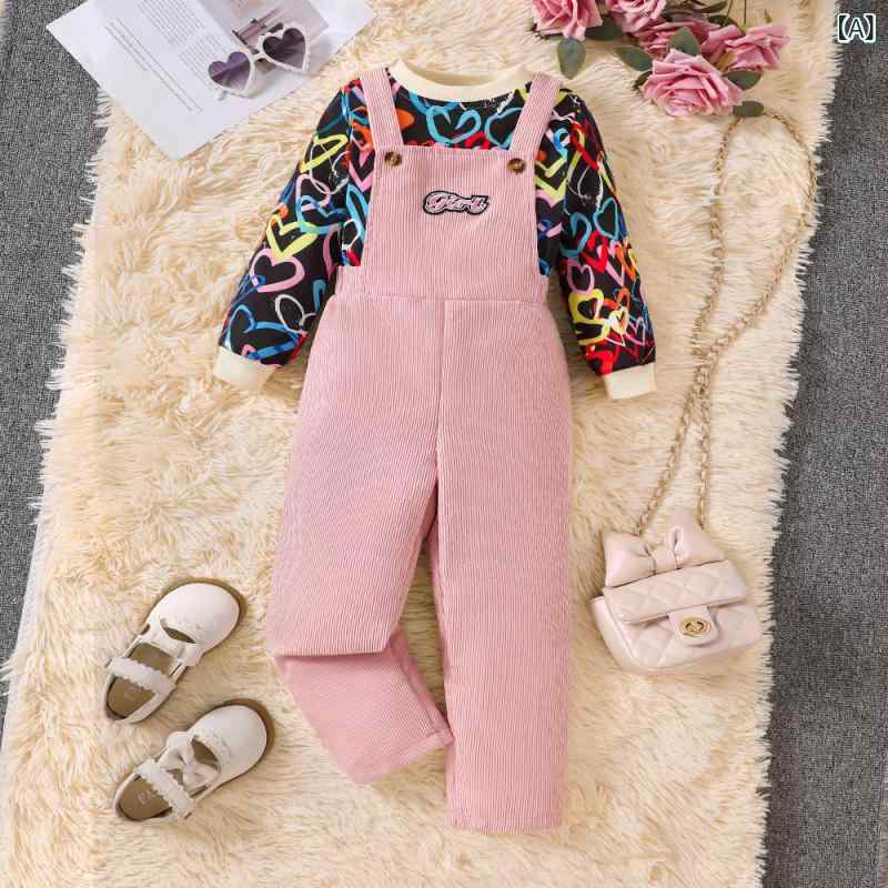 セットアップ 女の子 キッズ カジュアル ハート柄 トップス オーバーオール 秋冬 ポリエステル素材 ピンク 普段使い 通園 3歳 8歳向け