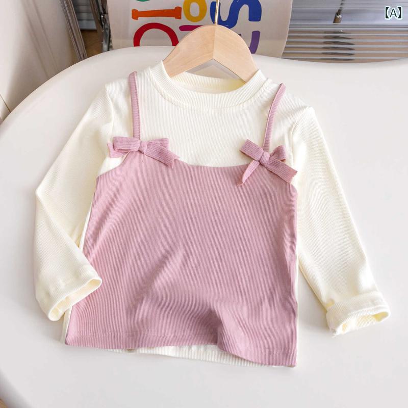 Tシャツ 女の子 長袖 韓国風 リボン 重ね着風 おしゃれ ファッション 春秋 綿 コットン クルーネック 保温 普段使い お出かけ ルームウェア ピンク 黒 柔らかい素材 快適