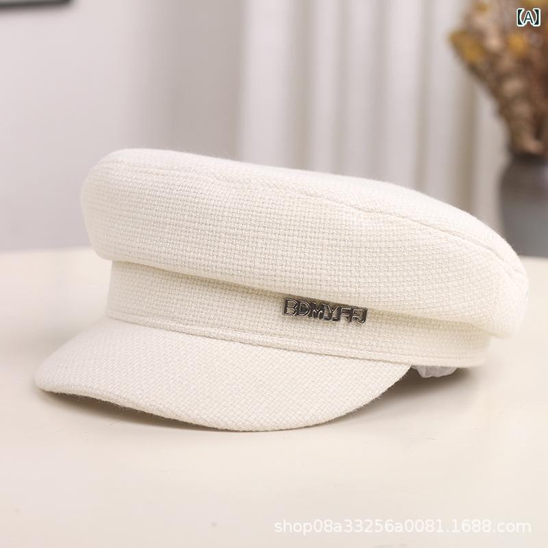 Pearl White - キャップ レディース キャスケット フラットトップ 小顔効果 日系 レトロ ブリティッシュ 綿麻 秋冬 普段使い カジュアル 紫外線対策 日よけ 防風 アイボリー ブラック キャメル