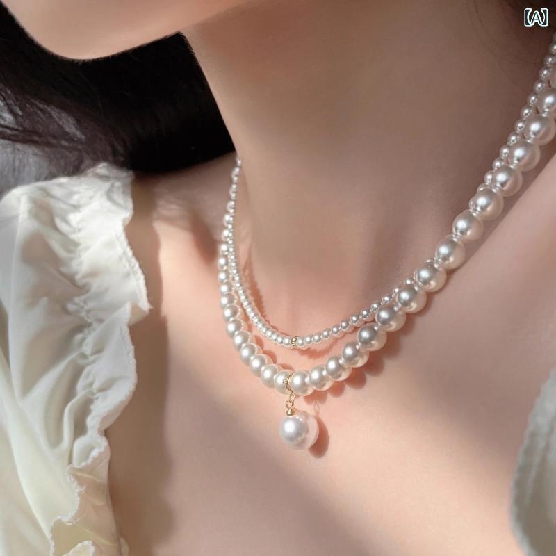 ネックレス レディース フェイクパール 二連 レイヤード 上品 高級感 軽やか 幾何学モチーフ チョーカー ショート丈 エレガント 普段使い オフィスカジュアル 通勤 フォーマル ホワイト(4)