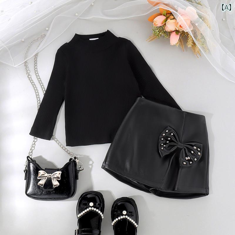 スカートセット キッズ 女の子 欧米風 秋冬 無地 リブトップス ラウンドネック PUレザースカート リボン 普段使い カジュアル 柔らかい ブラック 幼児 小学生