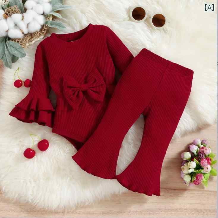 ベビー服 女の子 秋冬 ボウタイ フレアスリーブ ロンパース ラッパパンツ ツーピースセット 綿混素材 股ボタン付き 新生児 乳児 快適 お出かけ レッド