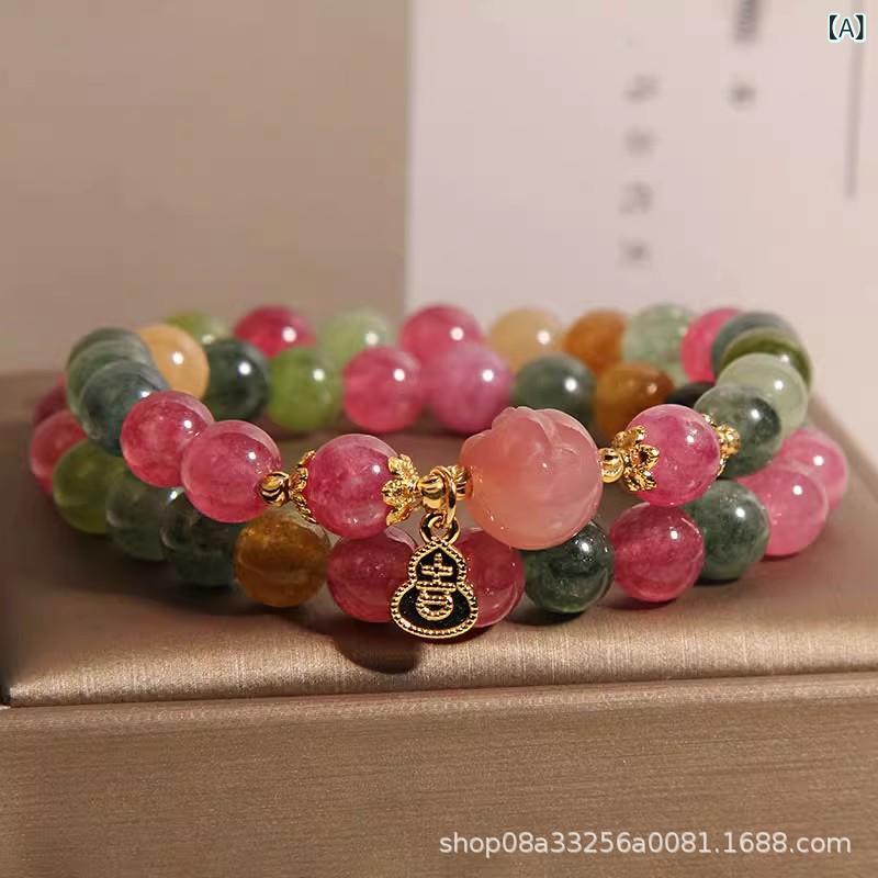 ブレスレット レディース 女性用 天然石 カラフル トルマリン 塩源瑪瑙 仏頭 ビーズ 二連 軽やか ラグ..
