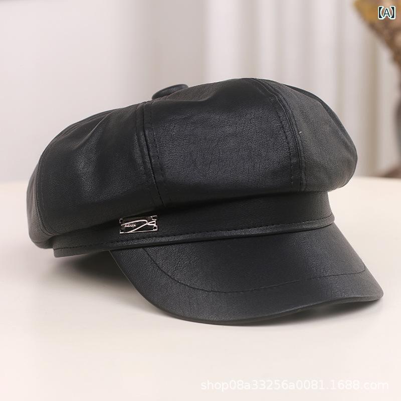 帽子 レディース 黒 ブラック PUレザー 合皮 キャスケット 八角帽 ニュースボーイキャップ つば付き レ..