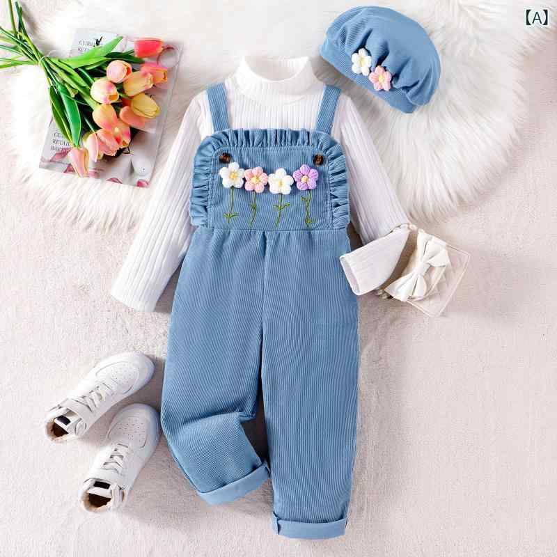 キッズ 女の子 幼児 小学生 セットアップ 秋冬 田園風 ナチュラルテイスト 花刺繍 綿100% サロペット オーバーオール ロングパンツ 帽子 ノースリーブ ツーピース ブルー 普段使い カジュアル