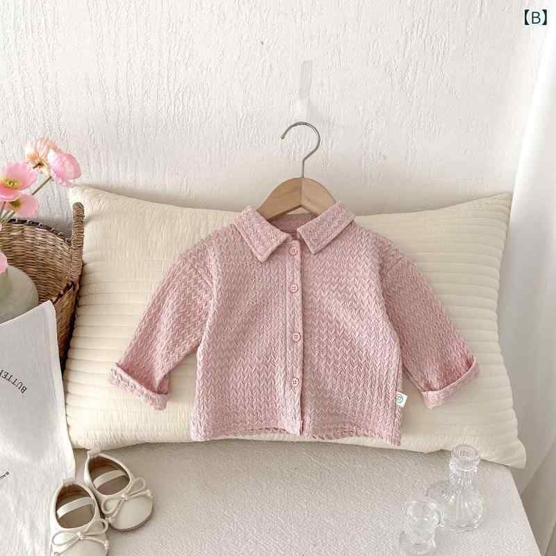 カーディガン 女の子 ベビー 幼児 韓国風 シャツアウター 長袖 着回し ベーシック 春秋 お出かけ 普段使い ポリエステル ポリウレタン アプリコット ピンク