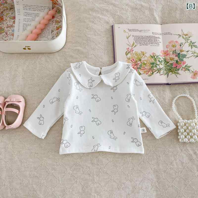 Tシャツ ベビー 女の子 新生児 キッズ 綿 コットン ドールカラー 付け襟 小花柄 フラワー うさぎ ラビット プリント柄 かわいい 長袖 カットソー 秋物 普段使い 部屋着