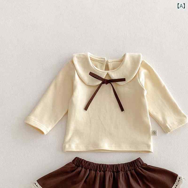 ベビー服 女の子 春夏 セットアップ 2点セット かわいい リボン 襟付き 長袖トップス コットン 綿混 薄手 普段着 お出かけ 裾フリルショートパンツ