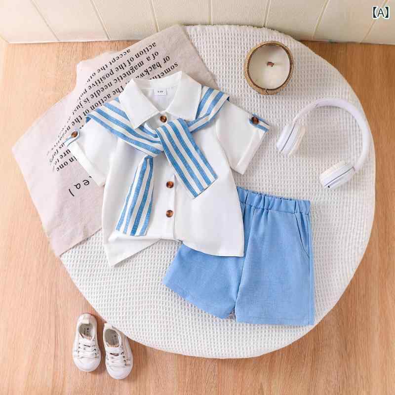 セット 女の子 キッズ 子供服 欧米風 スクール風 カジュアル 2点セット ブルーストライプ柄 ショール付き オフホワイト ブラウス 長袖 コットン ショートパンツ ソフト加工 着心地快適 通学 普段使い かわいい 春夏
