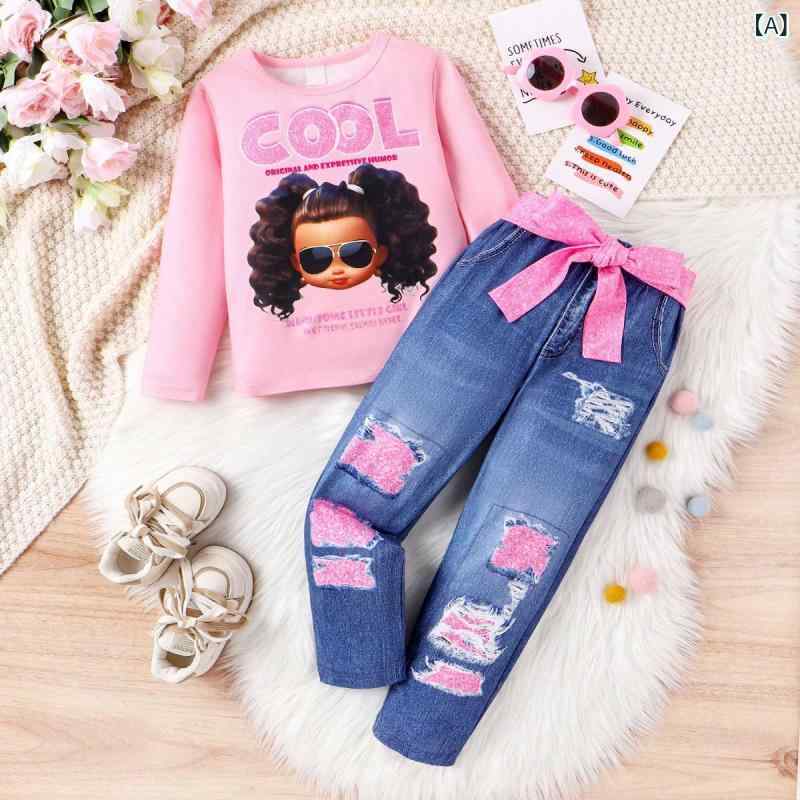 キッズ 女の子 秋冬 欧米風 アルファベット プリント ニット長袖Tシャツ デニム風ロングパンツ 上下セ..