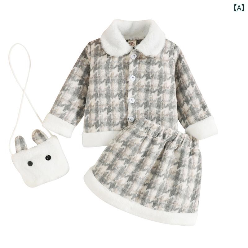 キッズ 女の子 幼児 秋冬春 チェック柄 格子柄 シングルブレスト ジャケット トップス ショートスカート ミニスカート セットアップ 上下セット 綿 コットン 柔らか素材 欧米風 カジュアル 普段使い お出かけ かわいい グレー