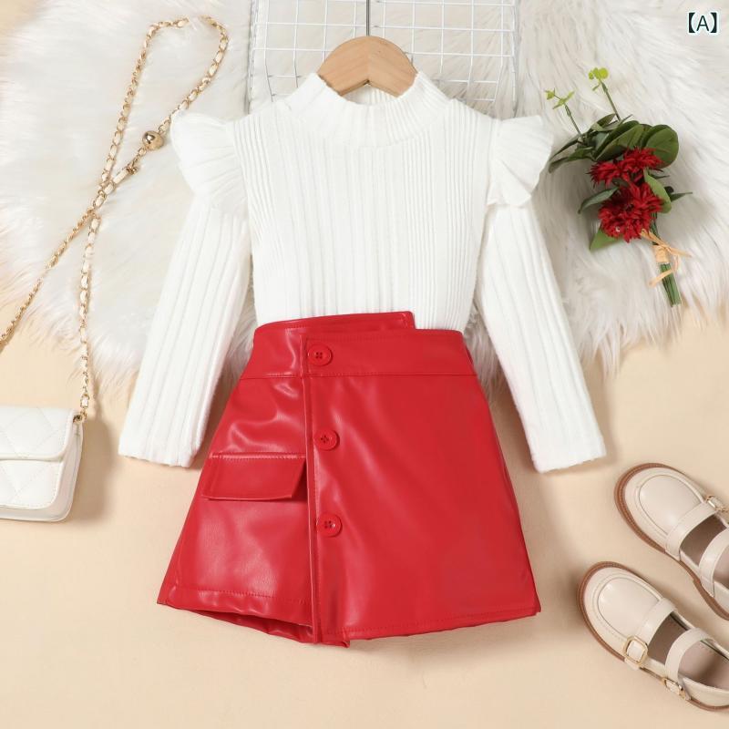 キッズ 女の子 秋冬 セットアップ 欧米風 カジュアル お洒落 ニット ラウンドネック フリル袖 長袖 トップス 綿混 アシンメトリー レザースカート 2点セット