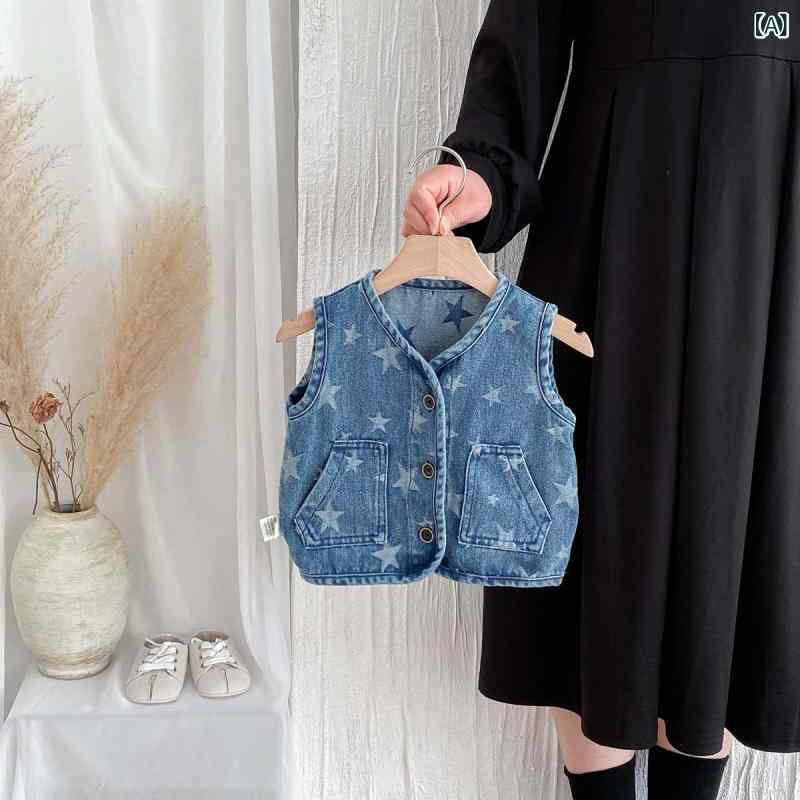 ベスト ベビー 男の子 デニム ジレ 韓国子供服 春秋 綿 コットン アウター 着回し お出かけ ストリートファッション カジュアル ブルー