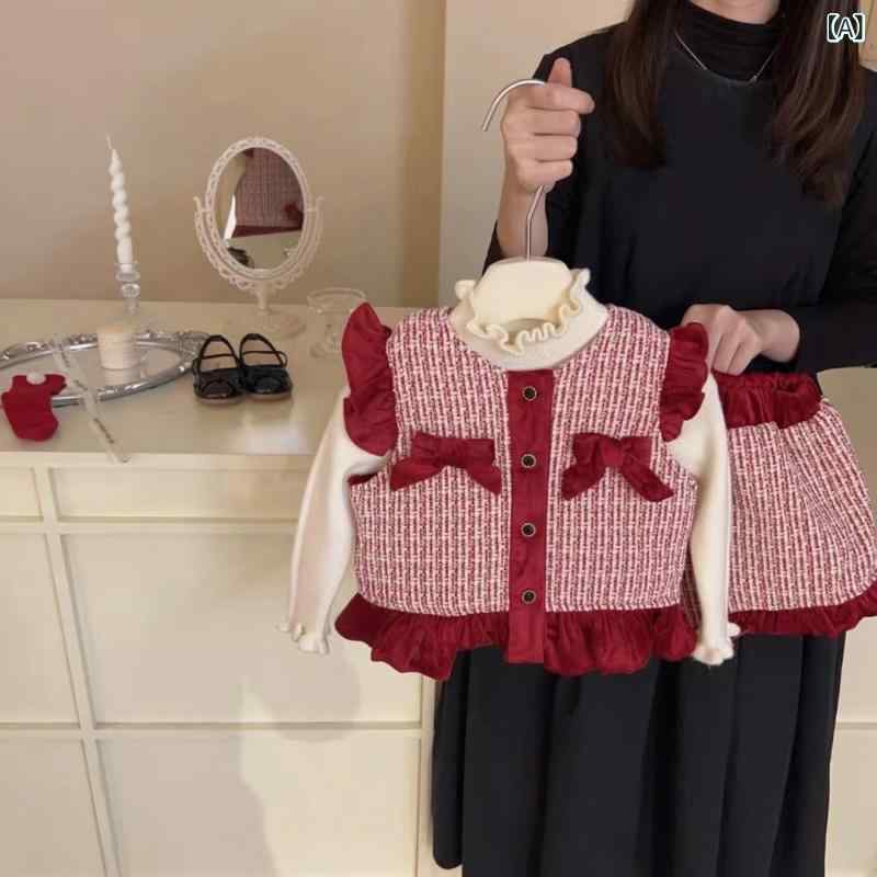 Rakuten - キッズ 女の子 クリスマス 上品 韓国風 ツイード セットアップ 秋冬 厚手 防寒 赤 レッド チェック柄 ベスト ショートパンツ 2点セット