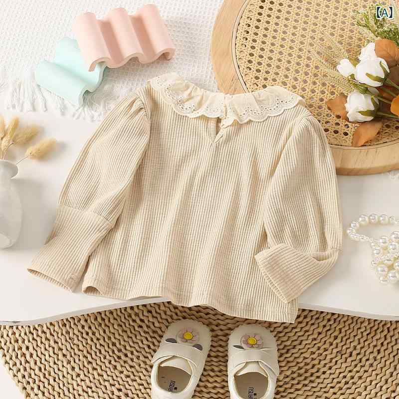 Tシャツ 女の子 子供用 韓国風 フリル ラウンドネック 長袖 無地 カジュアル 着回し力 柔らかな肌触り ..