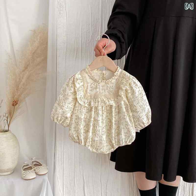 ロンパース 女の子 ベビー 新生児 長袖 小花柄 韓国風 おしゃれ かわいい 春秋 綿 コットン アプリコット お宮参り 出産祝い 普段使い