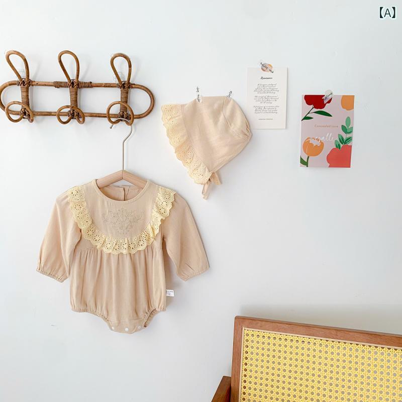 ロンパース カバーオール 女の子 新生児 ベビー 春夏秋 レースフリル 刺繍 お出かけ 普段使い 韓国風 薄手 長袖 麻 レーヨン混紡 通気性 肌に優しい カーキ ベージュ アースカラー