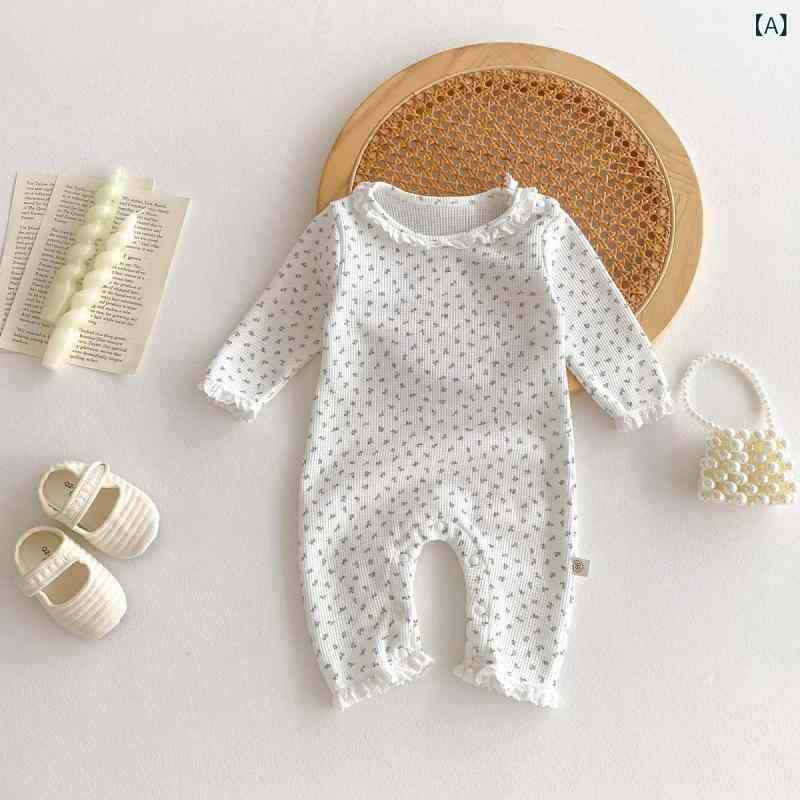 ロンパース ベビー 女の子 秋冬 長袖 小花柄 総柄 かわいい おしゃれ レースフリル 新生児 乳幼児 綿混素材 スナップボタン 韓国風 ホワイト カバーオール