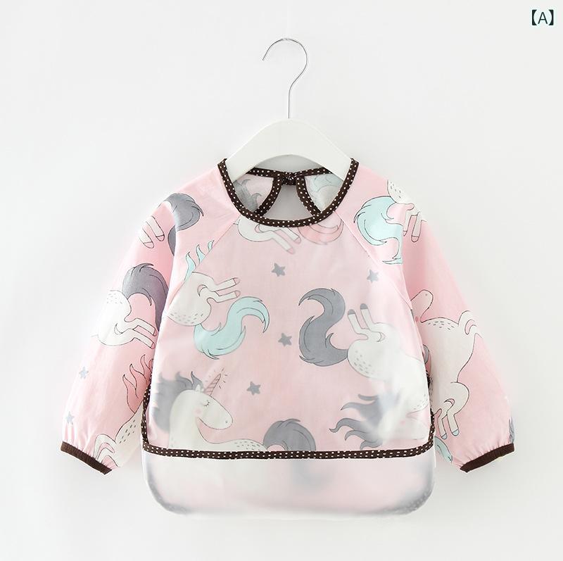 お食事エプロン ベビー キッズ 防水 長袖 スモック 後ろ開き 食事用 離乳食 汚れ防止 よだれかけ コットン 綿 かわいい キャラクター柄 男女兼用