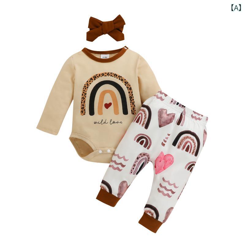 ベビー服 ベビー 男女兼用 ロンパース 長ズボン ヘッドバンド 3点セット 春秋冬 長袖 レインボー ヒョウ柄 綿 コットン ニット やわらか 新生児 乳幼児 出産祝い オフホワイト カジュアル 普段使い