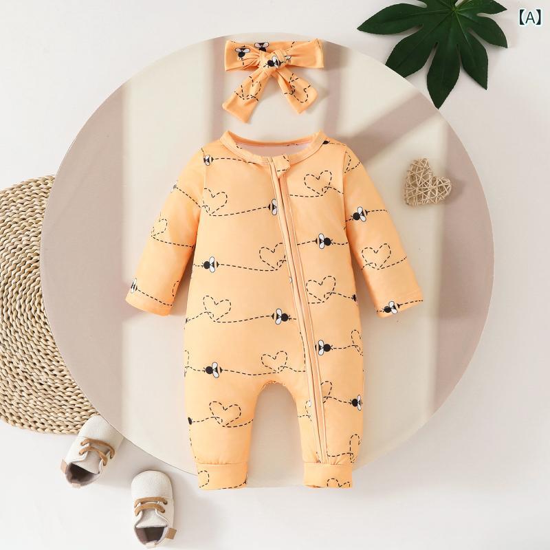 ロンパース ベビー 女の子 ファスナー 長袖 総柄 足つき ニット ポリエステル カジュアル 普段使い 伸縮性 肌に優しい カバーオール 新生児 幼児